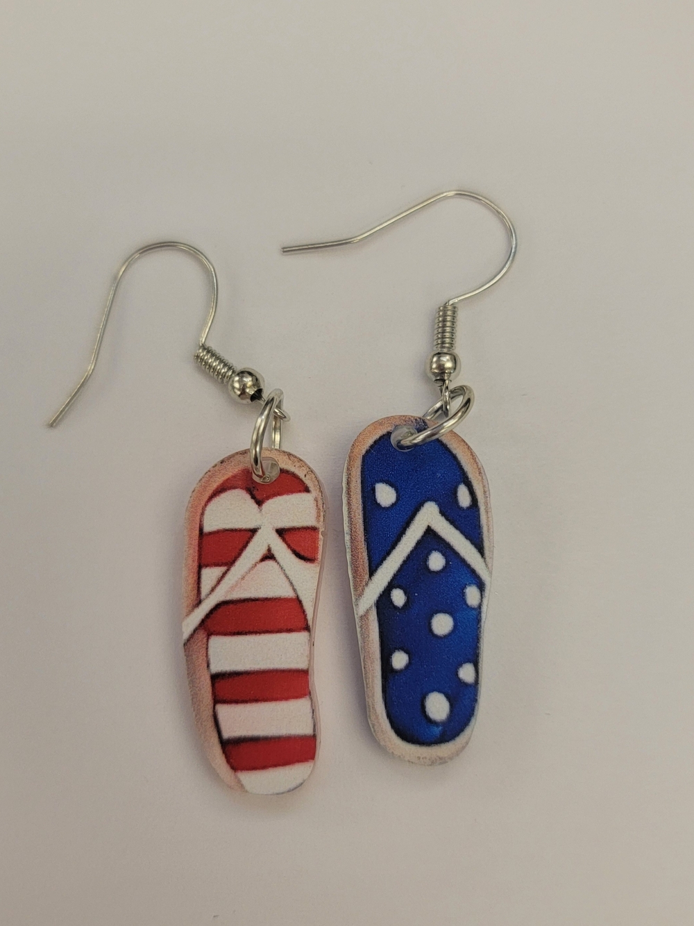 Flip Flop Dangle Earrings in Red/White Stripe & Blue Polka Dot